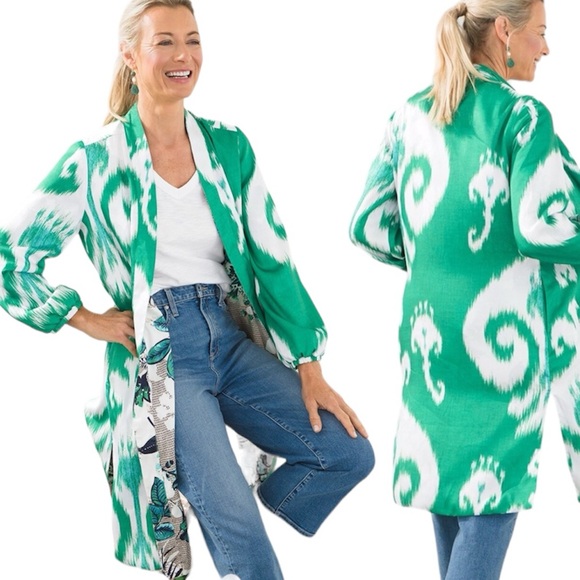 Chico's Sweaters - Chico’s Reversible Floral Printed Longline Kimono Ikat Duster Cardigan